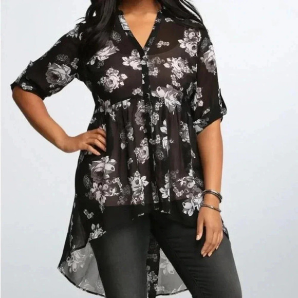 Torrid Womens Floral Print V-Neck 3/4 Sleeve Hi-Low Hem Tunic Black Size… - Picture 1 of 11